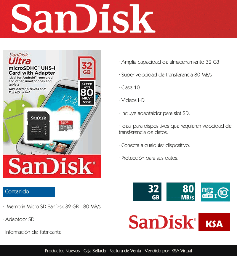 MicroSD SanDisk Ultra 32GB Clase 10 - KS